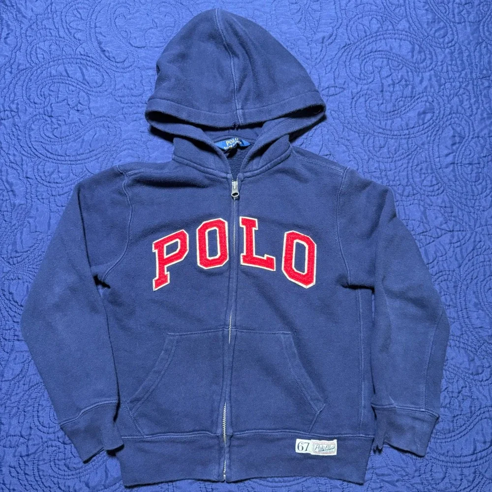 Polo Ralph Lauren Navy Blue Full Zip Hoodie Varsity Logo Kids S 8 Distressed